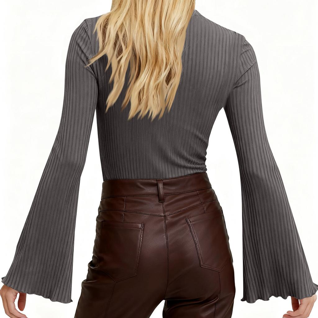 Dámský módní jednobarevný top s dlouhým rukávem a rozšířenými rukávy