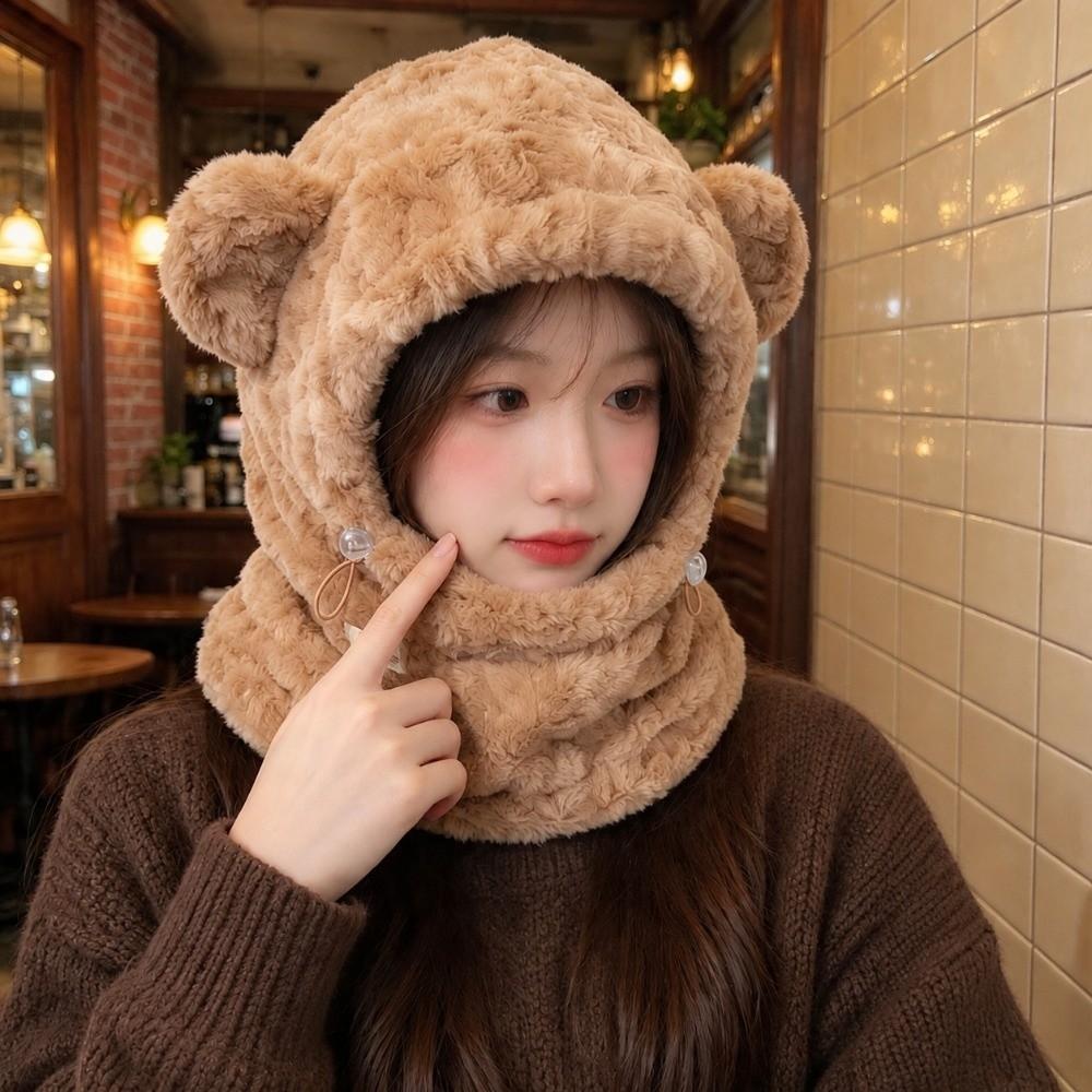 Adjustable Drawstring Hat Scarf Combo Thickened Warm Winter Balaclava Plush Hooded Hat for Women