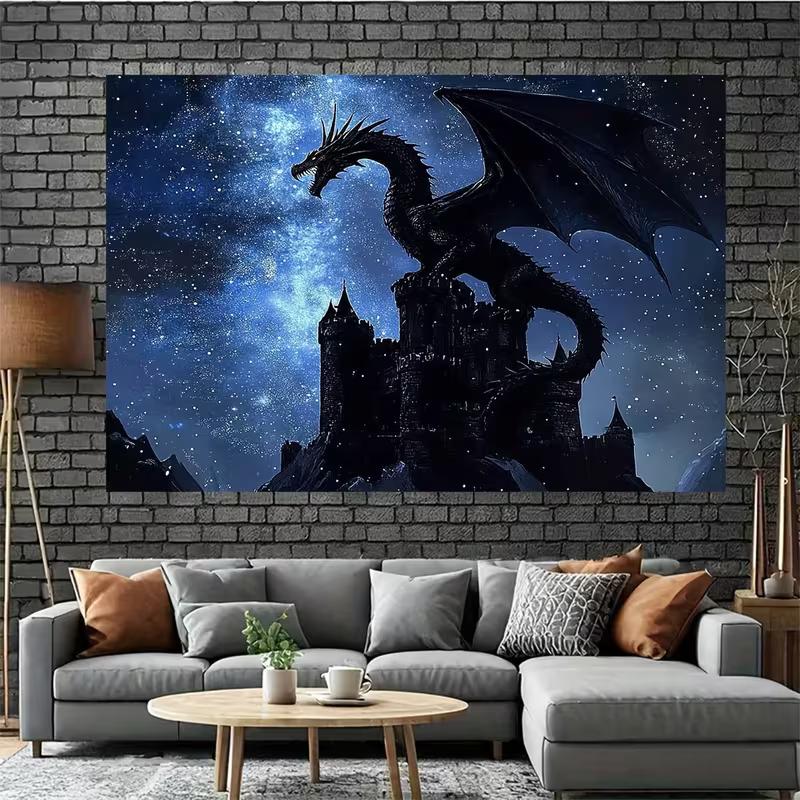 2D Schwarz-Drachenburg Wandteppich, Mittelalterliche Burg mit Drachen und Sternenhimmel