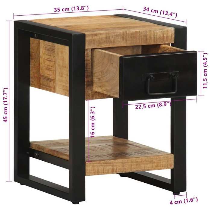VidaXL Bedside Table 35x34x45 Cm Solid Raw Mango Wood, Bedside Cabinet, Bed Cabinet, Side Table for 4013567