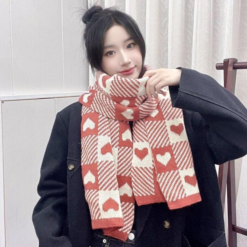 Women's Holiday Gift Winter Warm Cute Heart Checkered Print Scarf Shawl