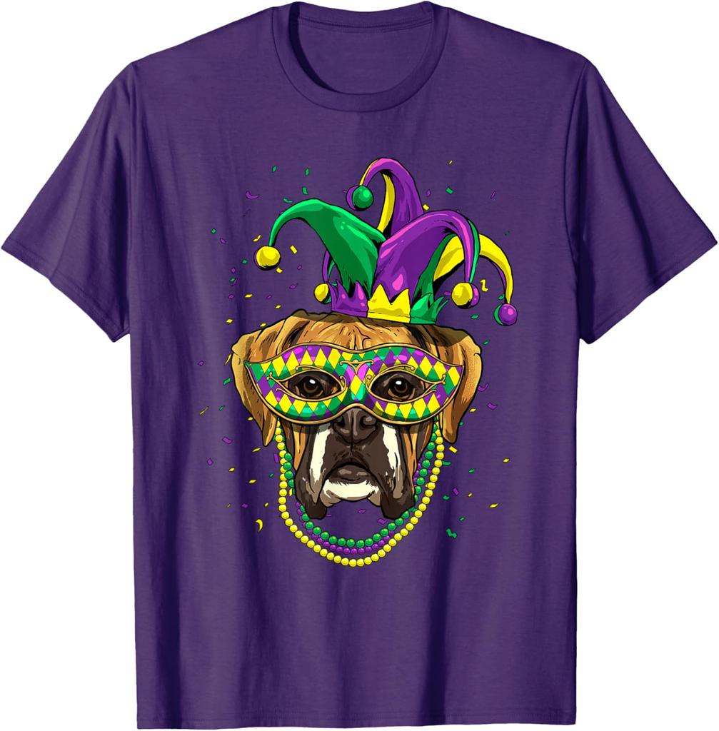 Boxer Dog Mardi Gras  Mask Beads Graphic Print Men Casual Cotton T-Shirt