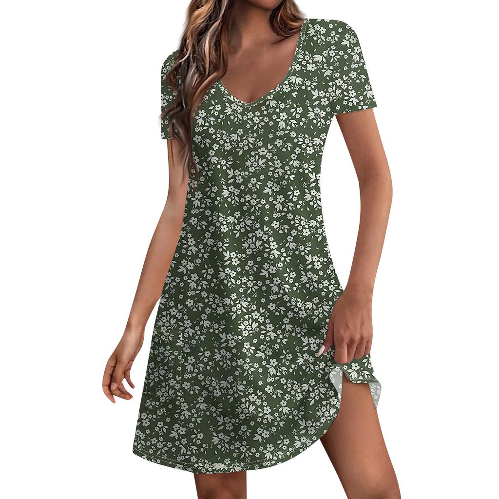 Women's Fashion Casual Printed With Pockets Bohemian Beach V-Neck Short Sleeve Dresses