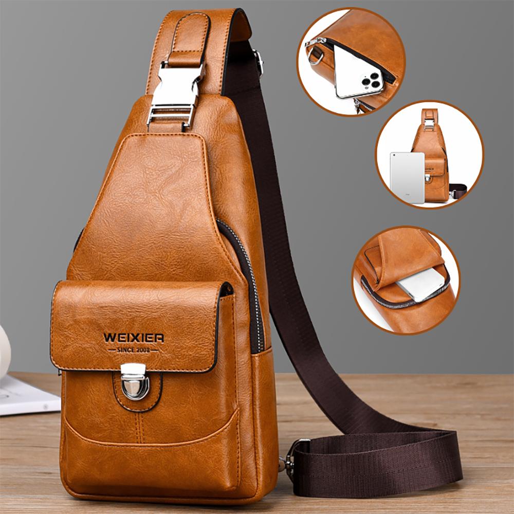WEIXIER Men's Leather Sling Bag Crossbody Backpack Water-Resistant Shoulder Bag for Travel, Hiking, Daily Commute