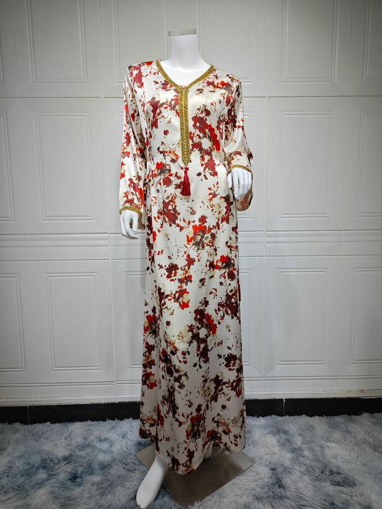 2024 Autumn/Winter Middle East-Style Elegant Print Long Robe for Home Wear