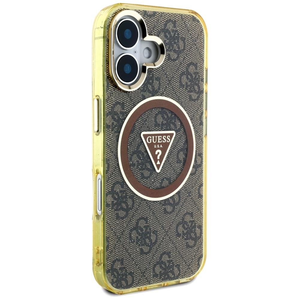 Guess IML Metal Glitter 4G Circle Triangle MagSafe case for iPhone 16 brown