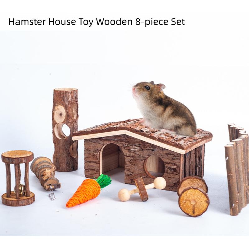 

8PCS Natural Wooden Hamster Chew Toys Set – Small Pet Cage Accessories for Rabbits Rats Mice, Tunnel Bell Roller House