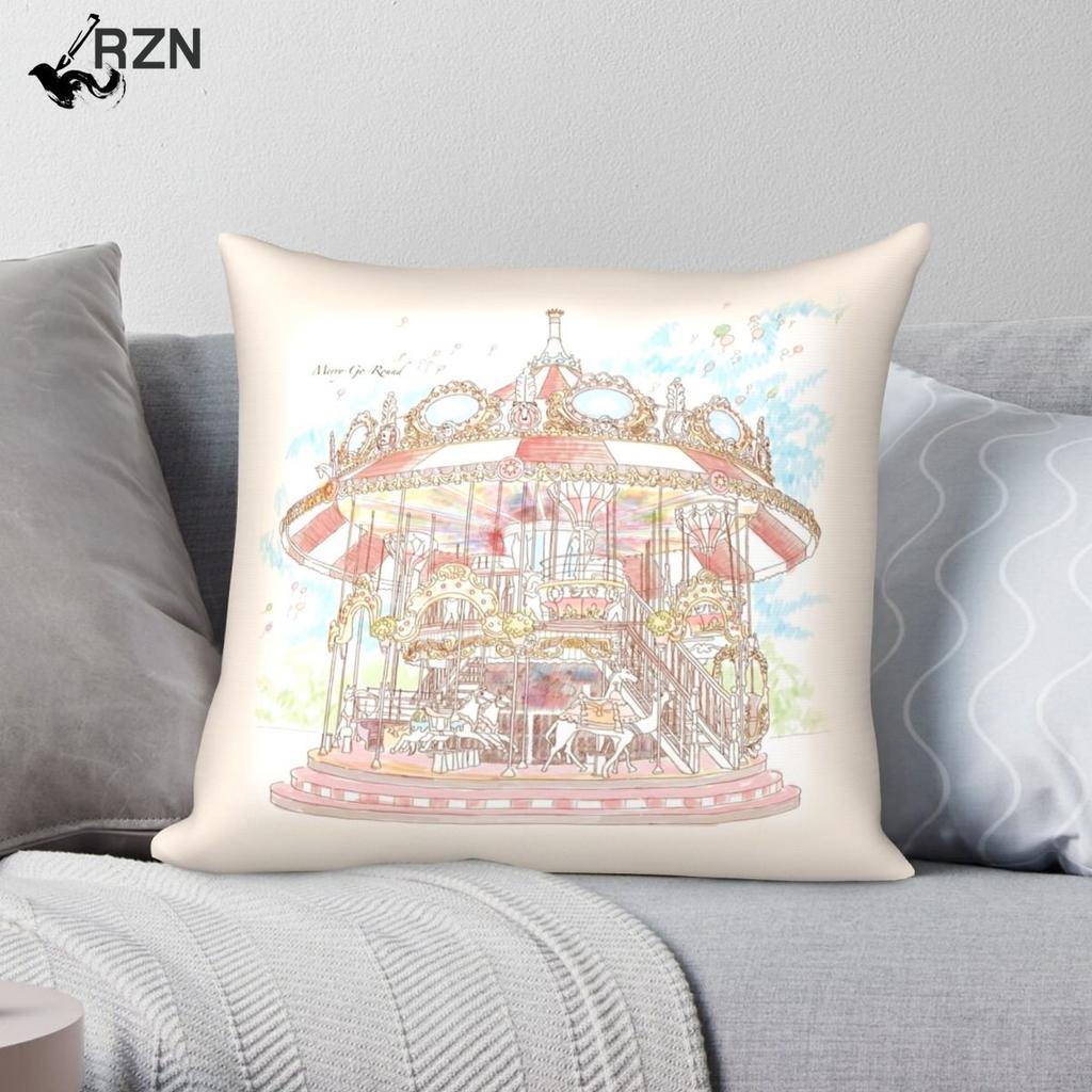Pastel Circus Carousel Square Pillowcase Polyester Linen Velvet Printed Zip Decor Throw Pillow Case Home Cushion Cover 45x45