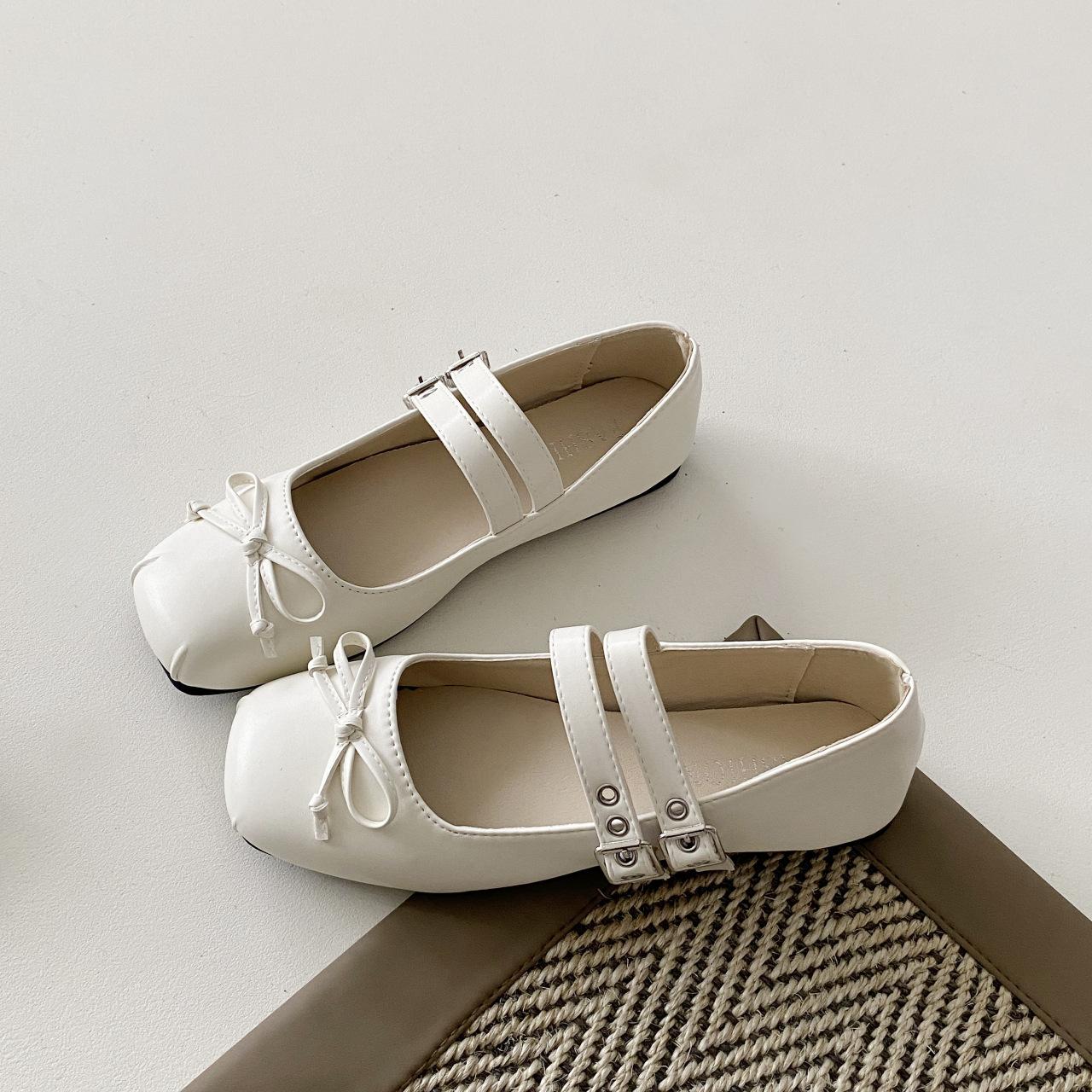 

Bow flat bottom shallow mouth Mary Jane single shoes spring and summer new French with skirt girls ballet style small leather shoes 40 бежевый