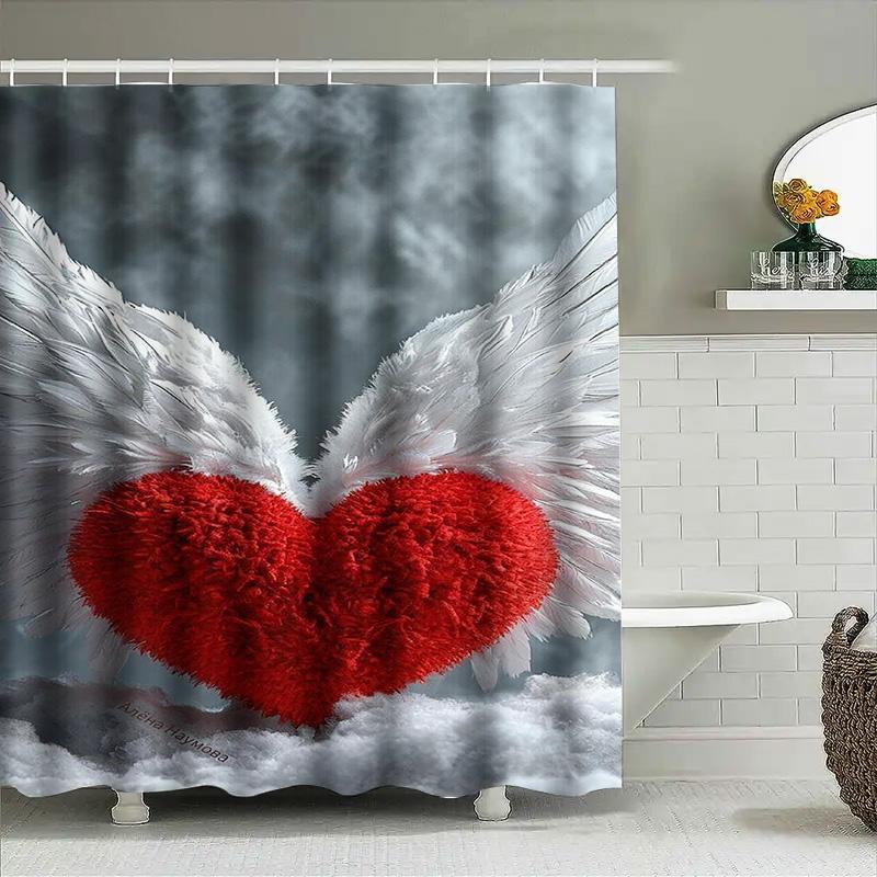 Red Heart with Angel Wings Waterproof Shower Curtain Heat Resistant Machine Washable Non-Transparent 180x180cm