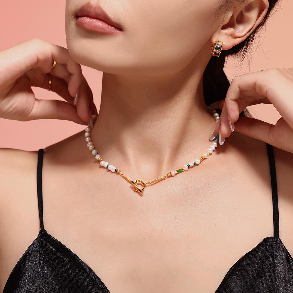Versatile Freshwater Pearl Necklace with Titanium Steel Clavicle Chain - Elegant OT Clasp Jewelry Gift