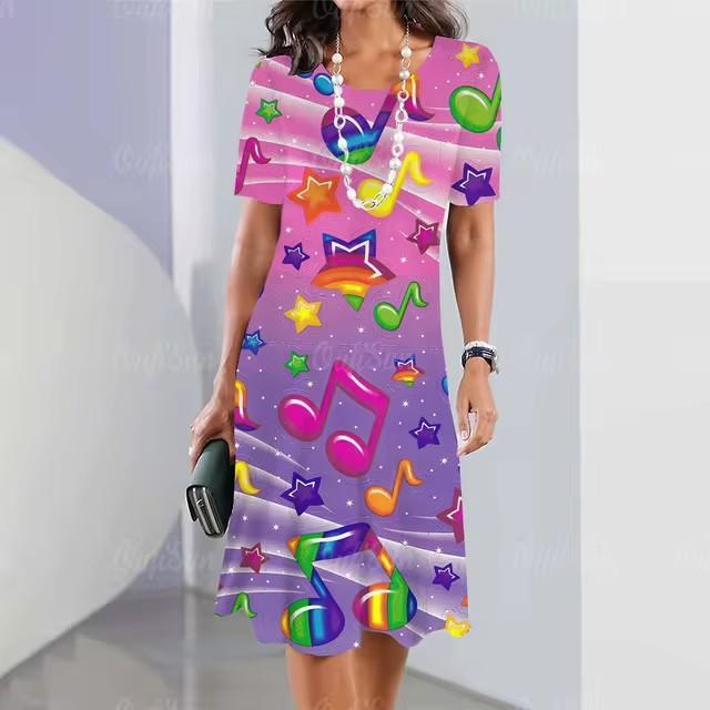 Elegant Women Short Sleeve Fashion 3d Print Midi Dress Plus Size Beach Clothing