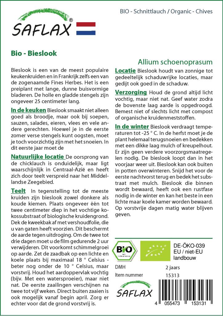 SAFLAX Garden In the Bag - Organic - Chives - 250 Seeds - With Substrate In a Fitting Stand Up Bag - Allium Schoenoprasum