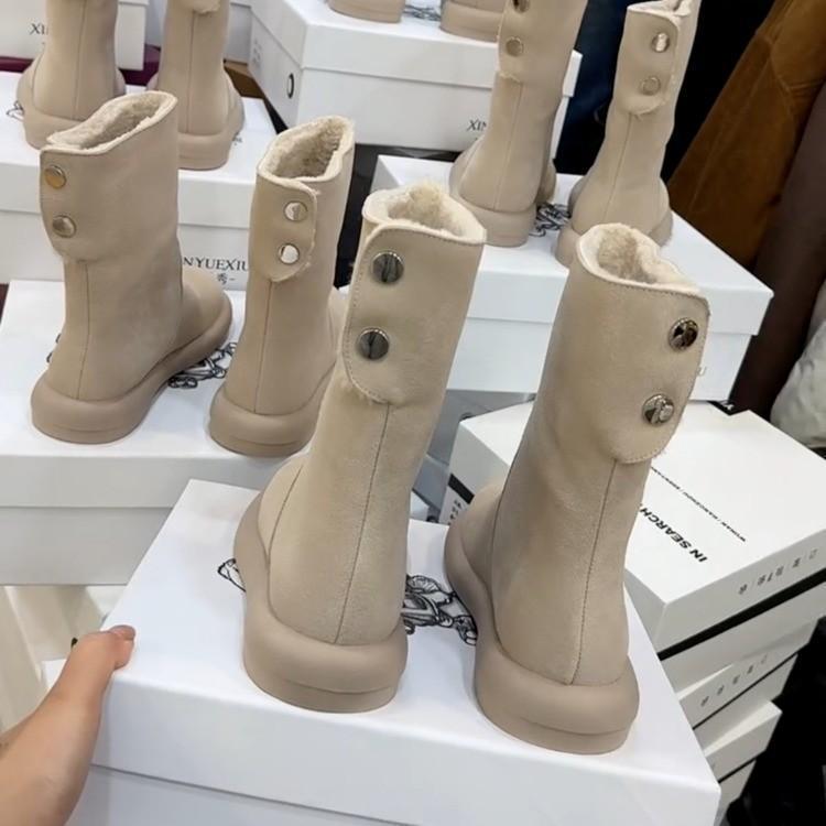 Pure Leather Velvet Martin Boots Female Flat Bottom Internet Celebrity Two Wear Milk Tea Color Short Boots Snow Boots