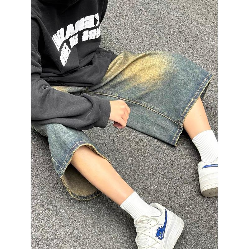 Unisex Retro Washed Wide-Leg Cropped Jeans Shorts