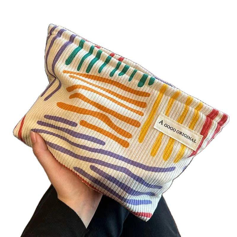 Colorful Stripes Corduroy Cosmetic Bag Portable Travel Toiletry Bag Skincare Sundries Aesthetic Makeup Storage