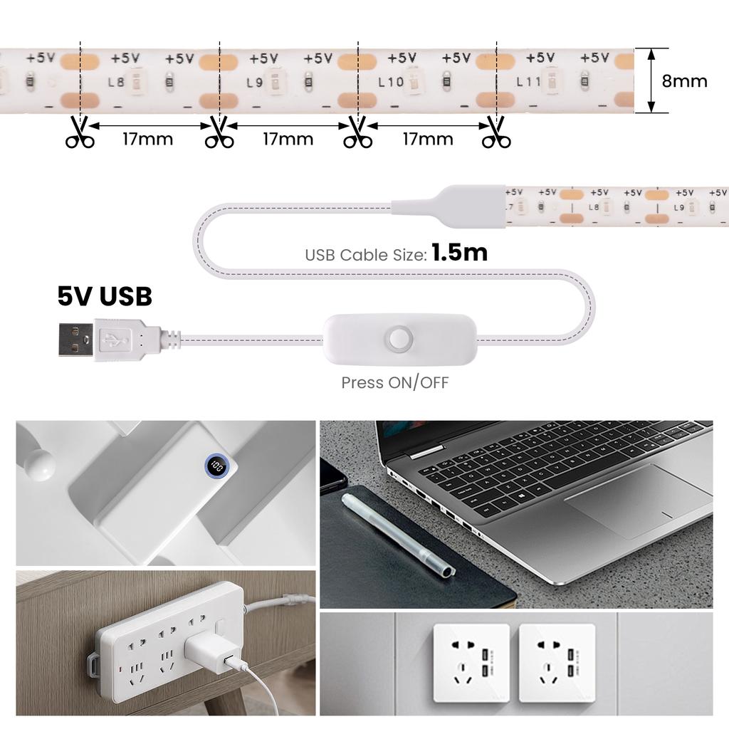 DC 5V USB LED Şerit Beyaz/Sıcak Beyaz/Kırmızı/Mavi/Yeşil/Pembe/Sarı 50CM 1M 2M 4M 5M Ev Dekorasyonu TV Arkası Aydınlatma Esnek Bant Şerit
