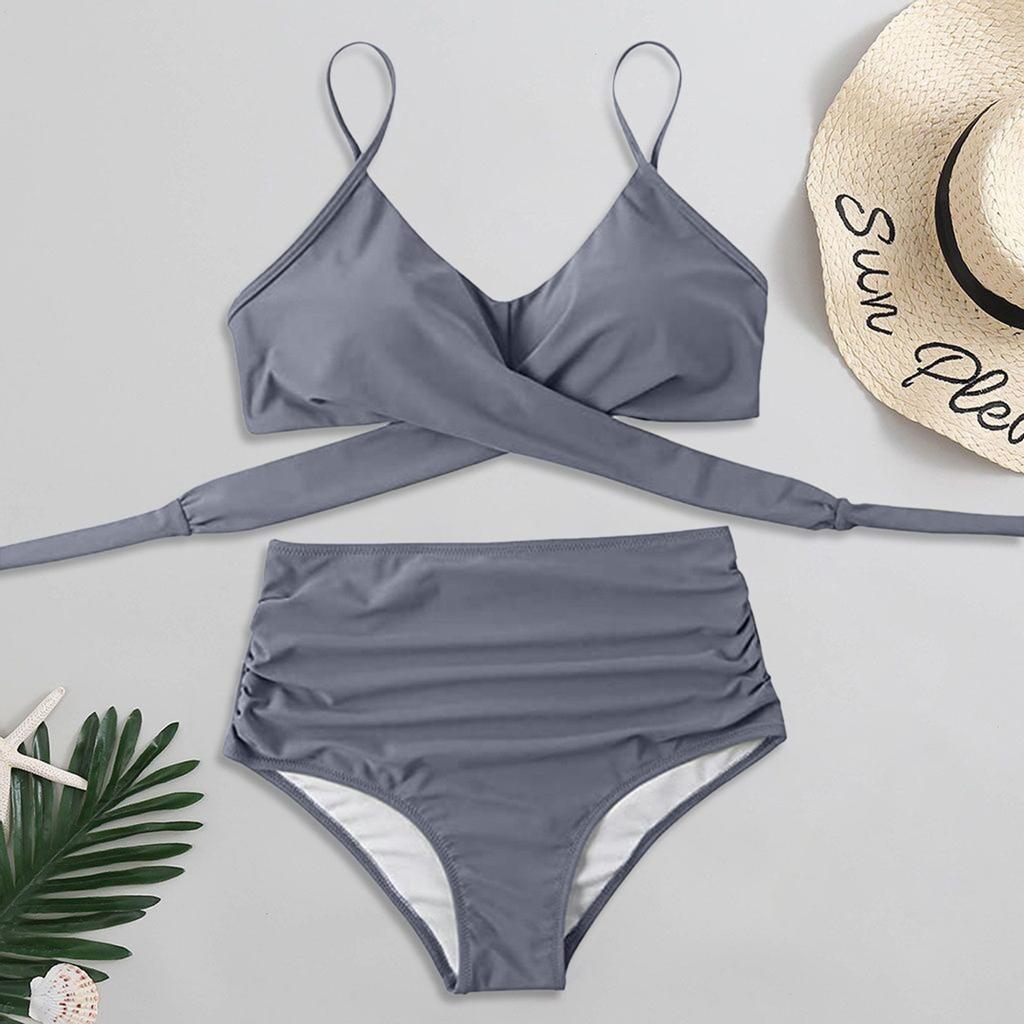 Women Sexy Soild Print Bikini Set Push Up Bathing Swimwear High Waist Swimsuit
