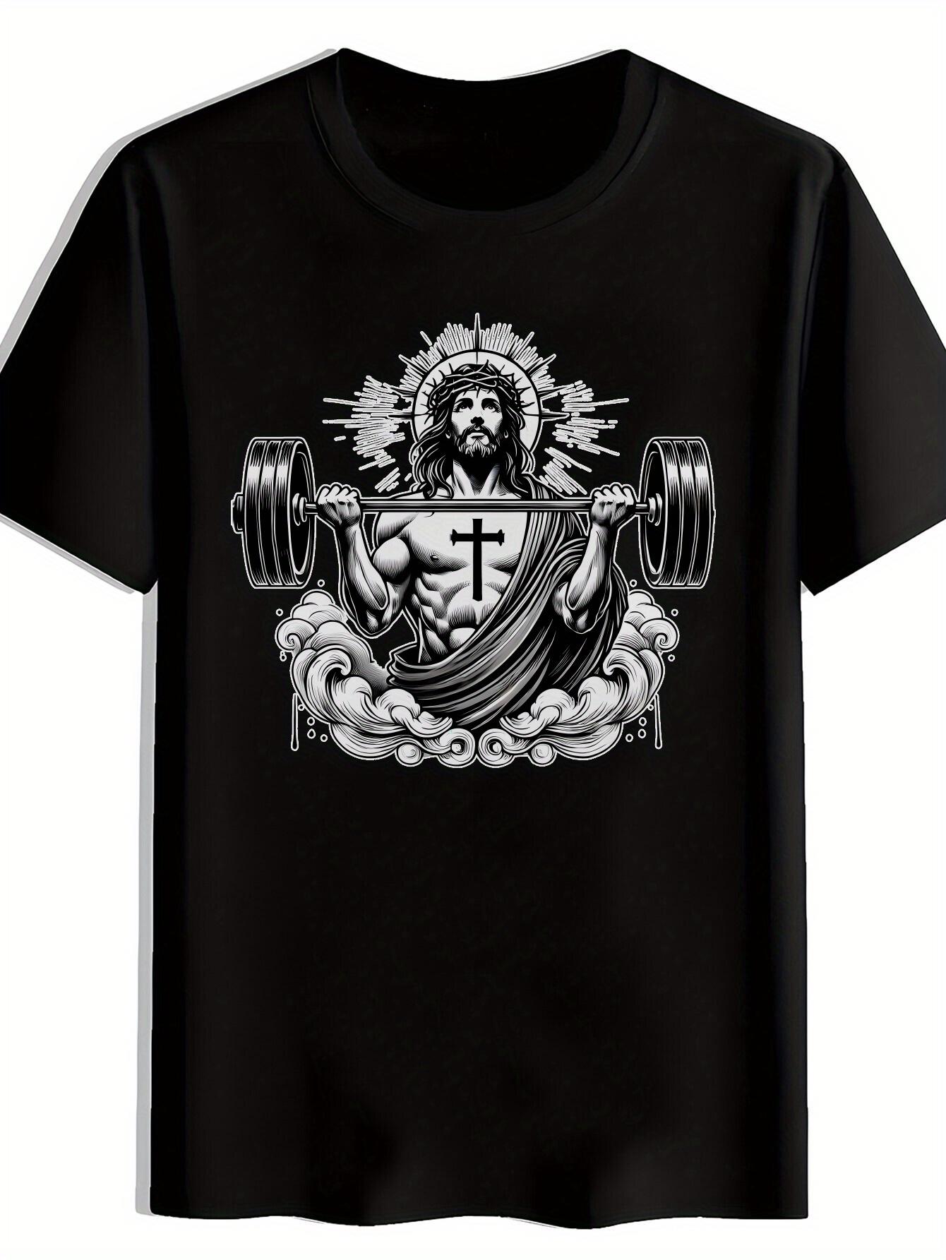

Motivational Jesus Weightlifting Crown of Thorns Print T-shirt - Black Religious Fitness Tee M