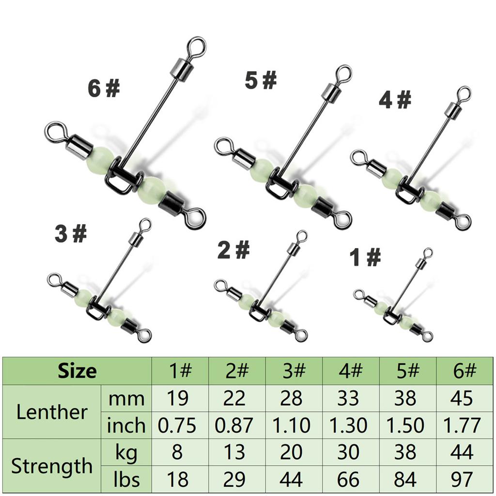 15Pcs Barrel Rolling Swivels Fishing Tackle with Luminous Beads Cross Line Swivels T Shape Swivel Catfish Rig Swivels