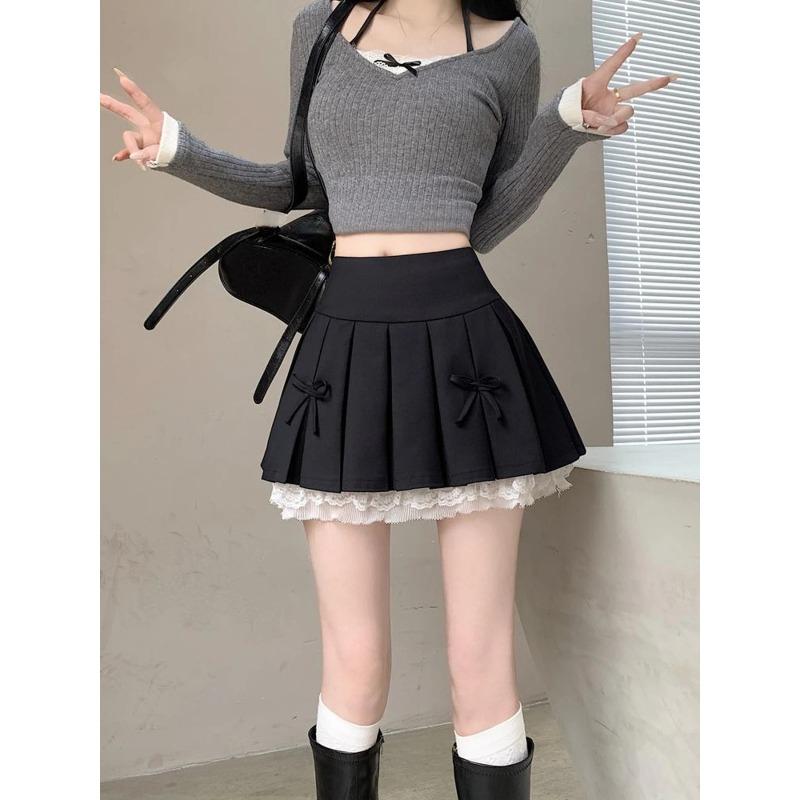 2024 New Women's Spring/Summer Cute Spliced Lace Edge Mini Skirt Sexy Bow Design Casual Y2K All Match A-line Black Pleated Skirt