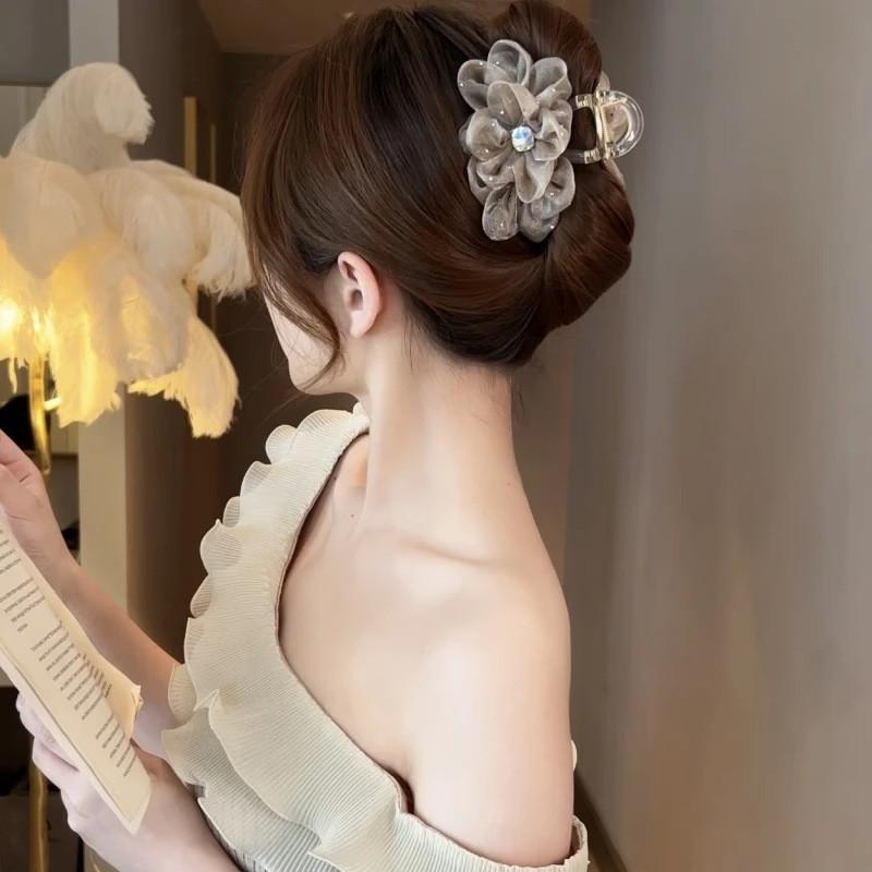 Rhinestone Hair Clip for Woman Elegant Korean Mesh Flower Shark Clip Girl Ponytail Clip Hair Clamp