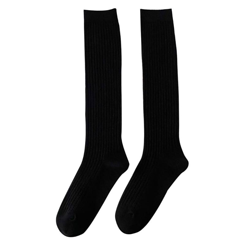 Fashion Womens Girls Ribbed Knitting Cotton Long Socks Harajuku Vintage Plain Solid Color Stretchy Knee High Stockings