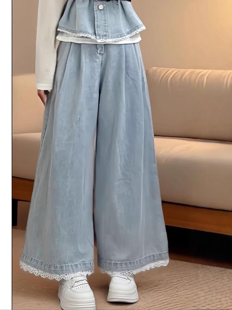 Spring Plus Size Layered Vest & Wide-Leg Jeans Fashionable Three-Piece Set