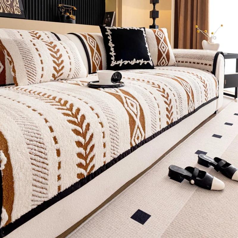 

1PC Winter Plush Sofa Cover Nordic Striped Soft Warm Sofa Cushion Pet Anti-scratch Couch Slipcovers 3 Persons for Living Room A 70x70cm 1pc