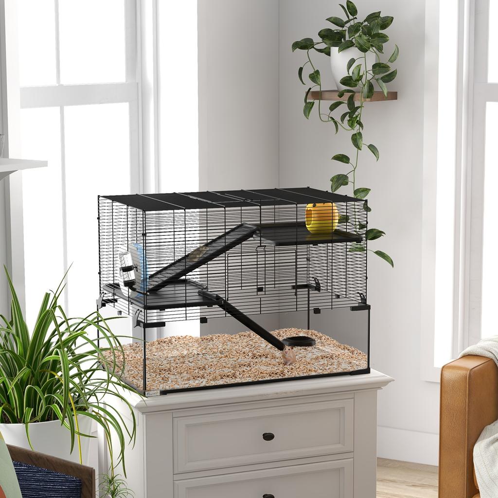 3-Tier Hamster Cage with Tempered Glass Base, Wheel and Accessories, 76.5x48.5x54.5 cm, Black