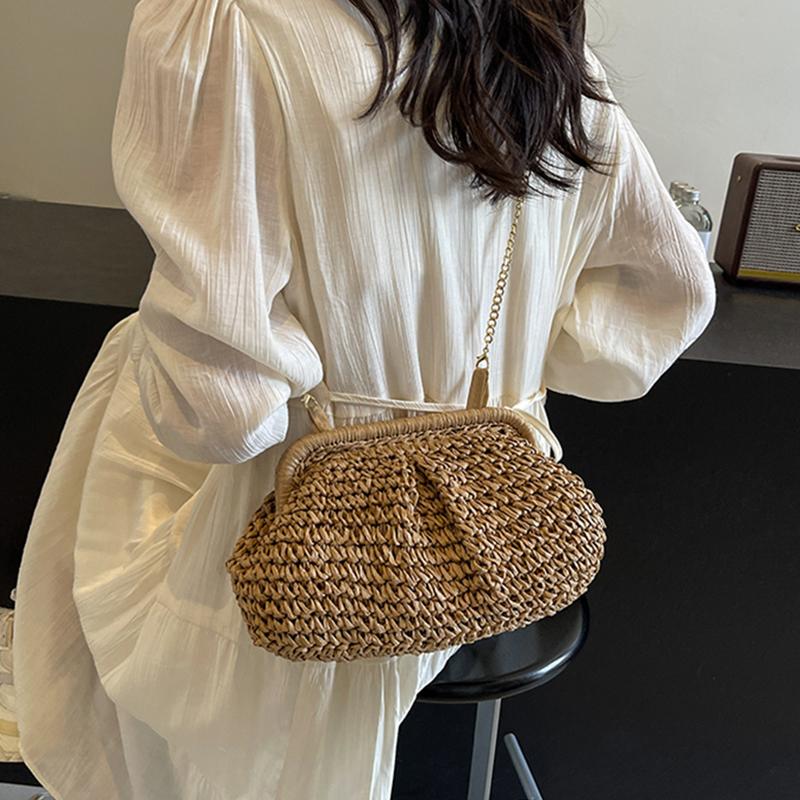 Summer Beach Fashion Hollow Out Women Clip Woven Shoulder Bag Straw Weave Chain Casual Crossbody Bags
