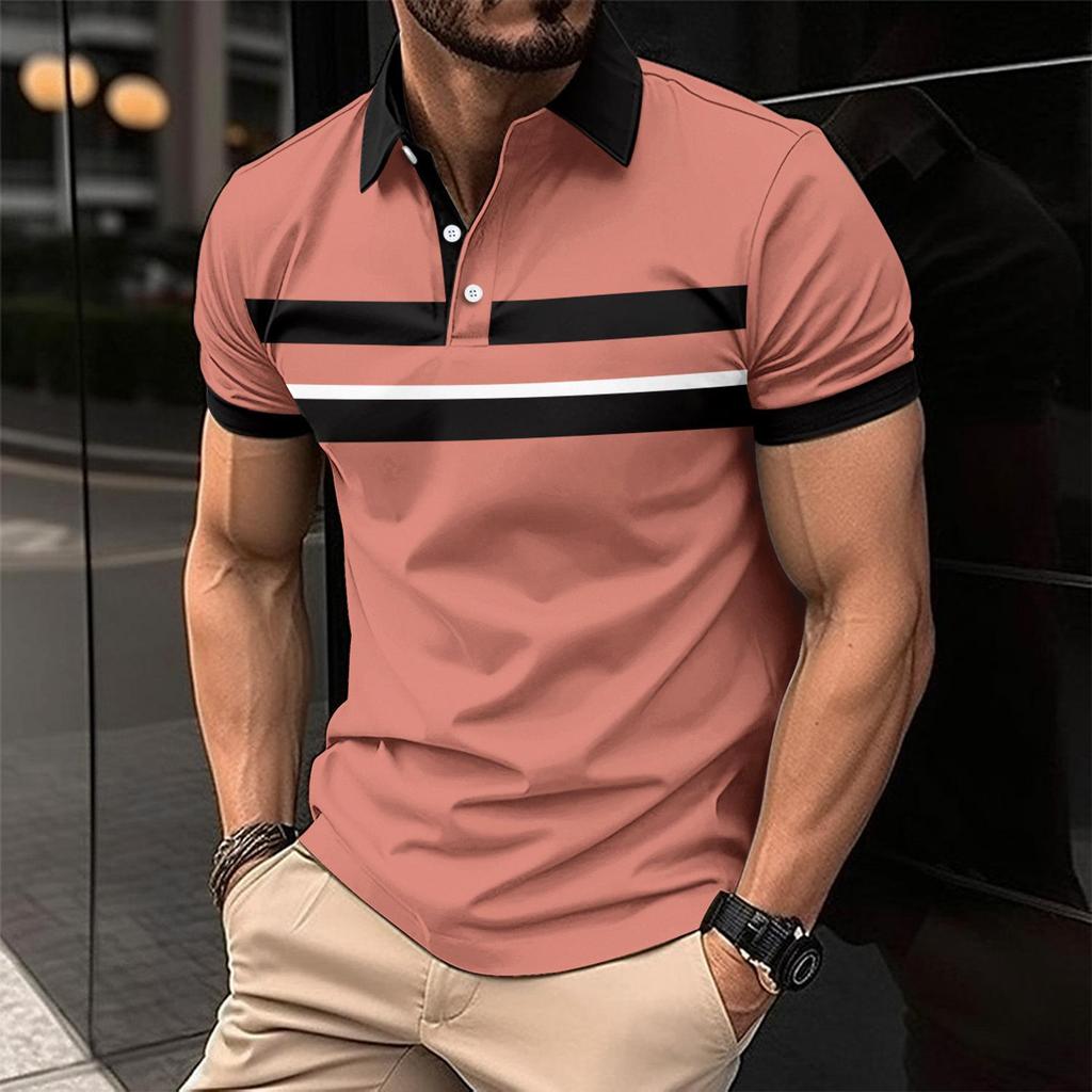 New Men's Casual Polo Shirt Lapel Striped Button Down Business Digital Printing Versatile Tops