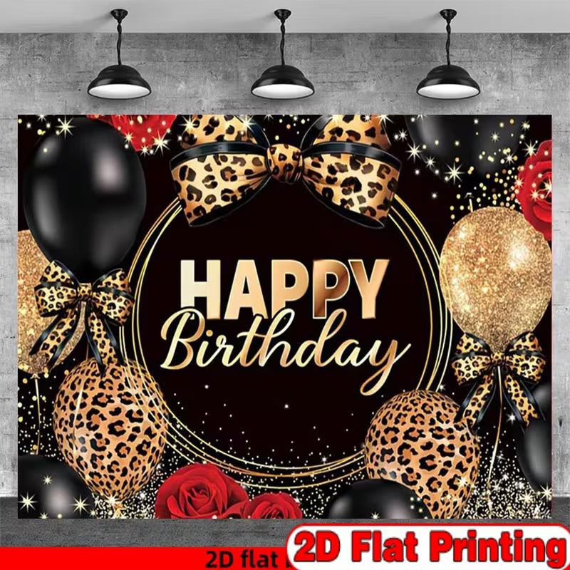 2D Leopard Print Happy Birthday Backdrop, Black Gold Balloon Party Decor 47.2x31.5inch/120*80cm