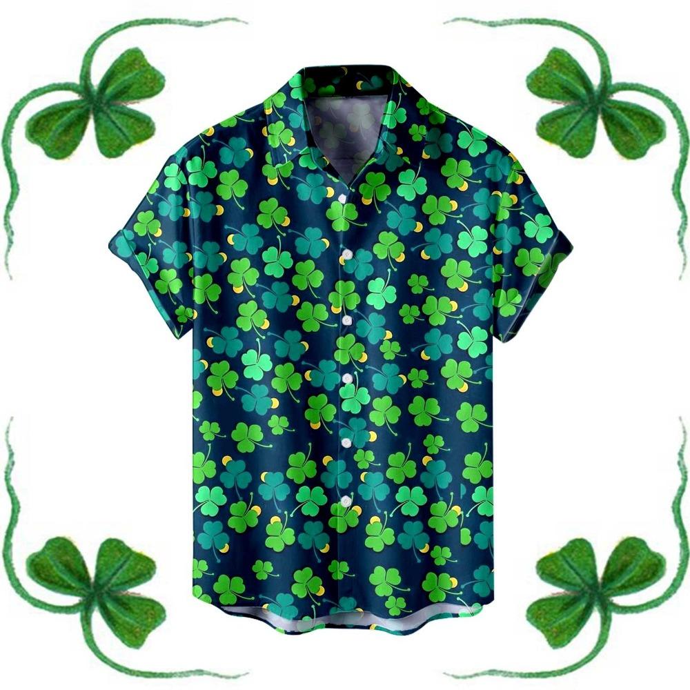 Saint Patrick Mens Shirt Festive Green Shamrock Print Lapel Short Sleeved Shirt Vintage Solid Shirts Cardigan Men's Blouses