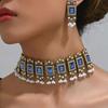 European Style Alloy Gemstone Necklace And Earrings Set With Artificial Pearl Dangles For Women