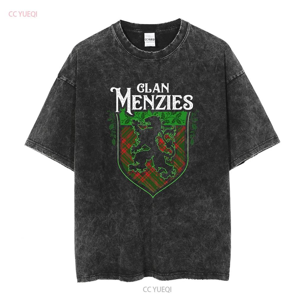 Clan Menzies Scottish Tartan Lion Rampant T Shirt Crest Last Name Surname Womens Long or Short Sleeves Vintage Washed Graphic