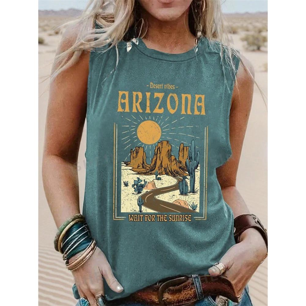 Yazlık Açık Hava Günlük Kadın Kolsuz Tişört Çöl Baskılı Kadın Atlet Günlük Sokak Modası Kadın O Yaka Atlet