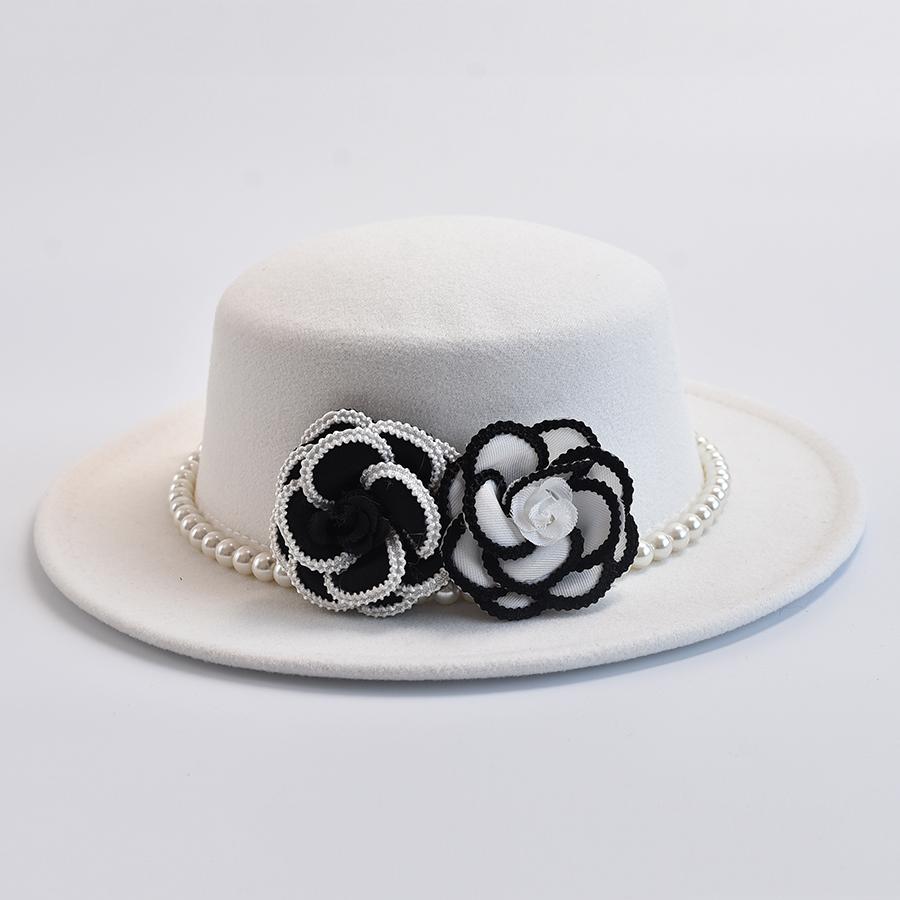 French Style Women's Pearl Chain Fedora Hat Autumen Winter Ladies Flat Top Felt Flat Top Hat