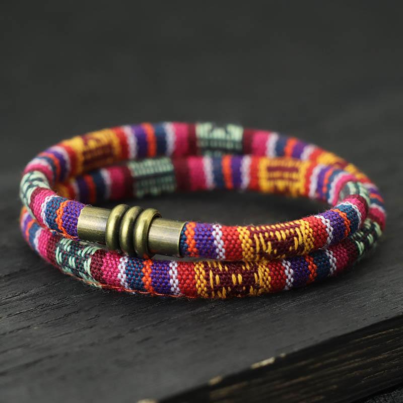 

New Bohemia Cord Chain Bracelet Men Women 6mm Double Layer Tibetan Symbols Ethnic Braclet Magentic Clasp Fabric Braslet Pulseria 17.5cm 6.9In