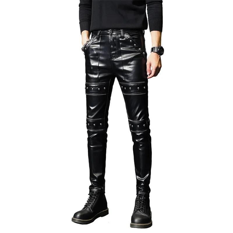 Autumn Spring Mens Skinny Biker Leather Pants Fashion Faux Leather Motorcycle Trousers for Male Trouser Stage Club Wear