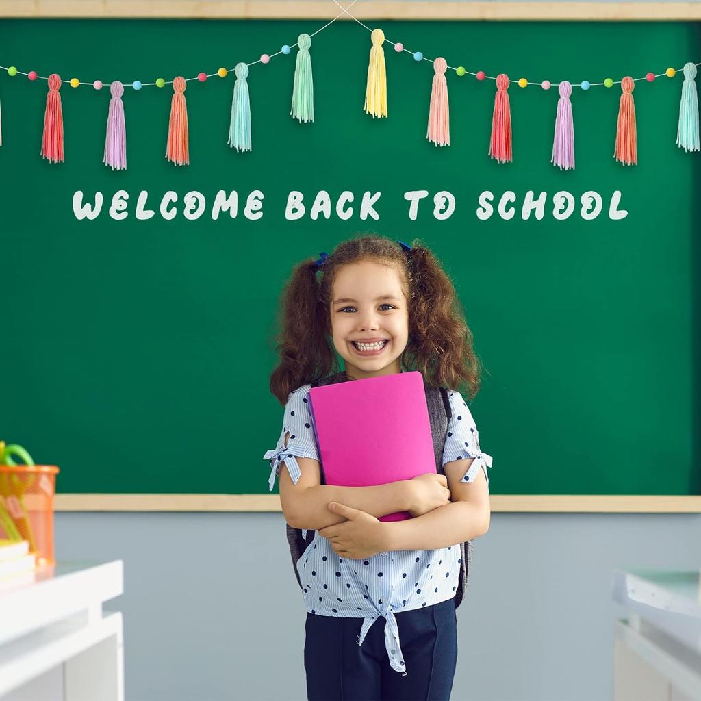 Colorful Boho Tassel Garland Rainbow Pom Pom Each 50'' Colorful Classroom Decoration Boho Banner for Kid Nursery Wall Decor Baby Shower Back To