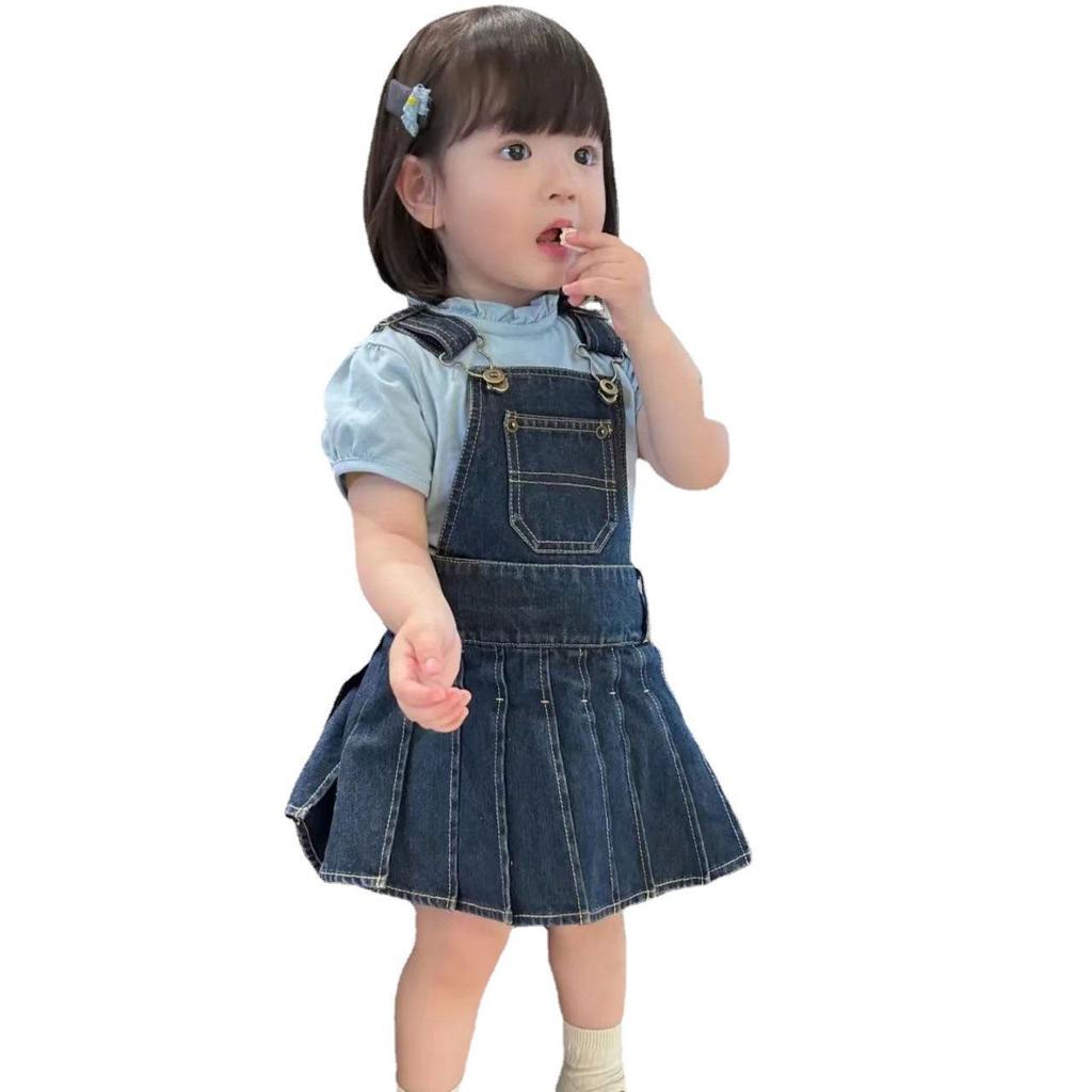 2024 Trendy Korean Style Girls' Summer Two-Piece Overalls Dress Set