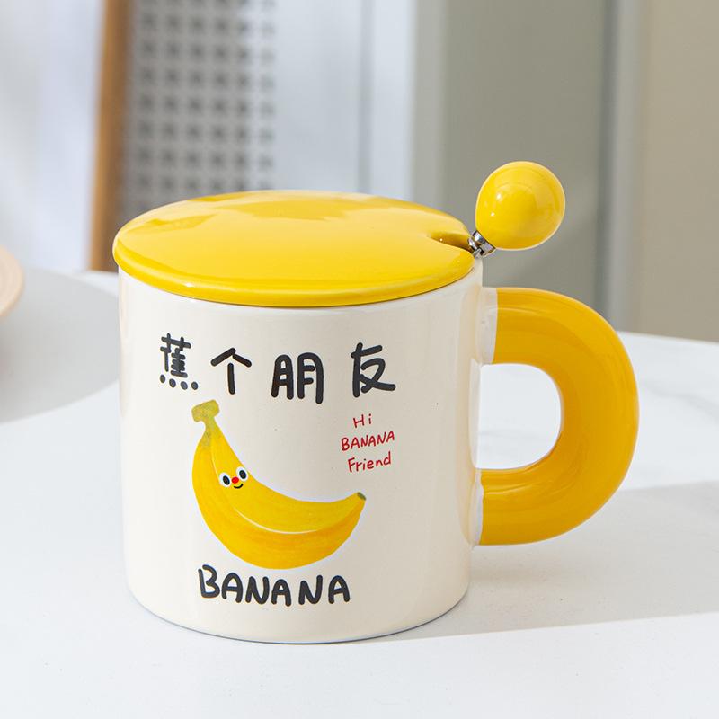 Cartoon fruit ceramic mug, high-value coffee cup with lid spoon, blessing text, gift water cup for girls