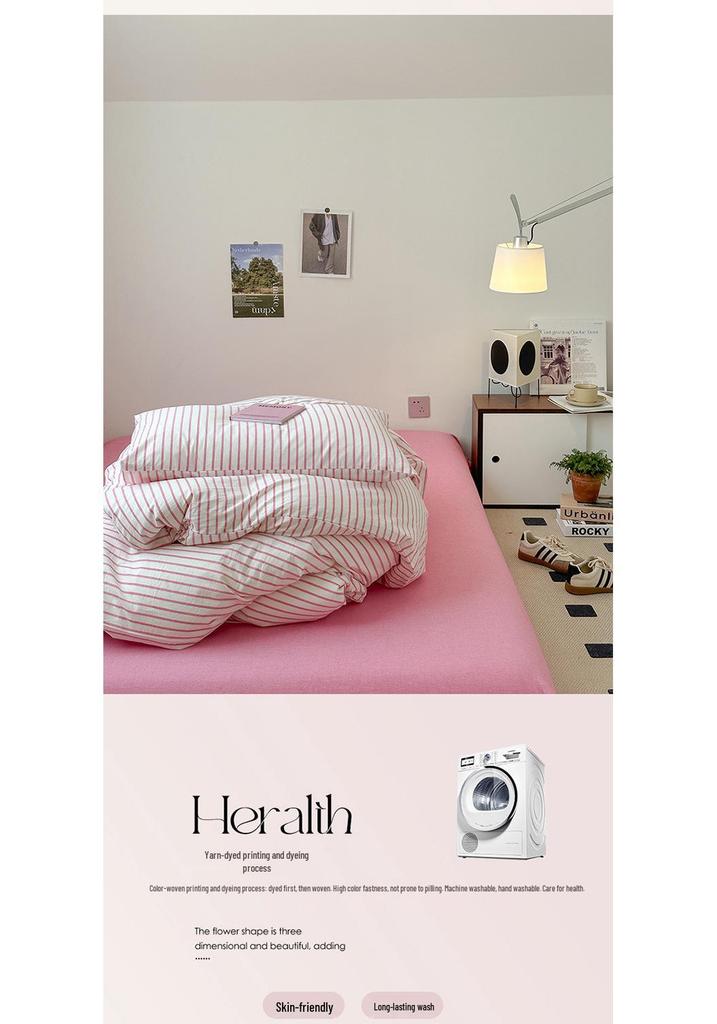 Pure Cotton Four-Piece Bedding Set: Striped Duvet Cover, Bed Sheet for Dorms, A-Class Washed Cotton, Perfect for All Seasons.