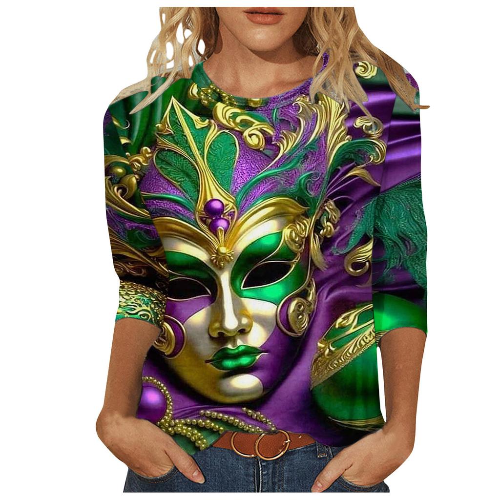 Long Sleeved Glamorous Mask Patterned Top Carnival Themed Printed Women's T-shirts