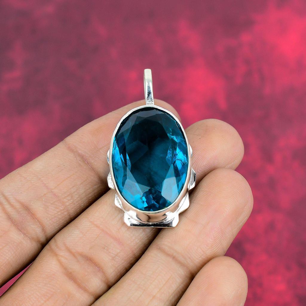 London Blue Topaz Pendant, 925 Solid Sterling Silver Gemstone Jewelry, Handmade Pendant, For Thanksgiving