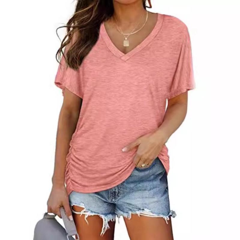 Women's New Solid Color Batwing Sleeve Side Pleated V-neck Short-sleeved T-shirt