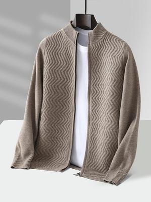 Men's Thickened 100% Pure Wool Zip-Up Cardigan with Wave Pattern Jacquard Knit Stand Collar - Casual and Versatile.