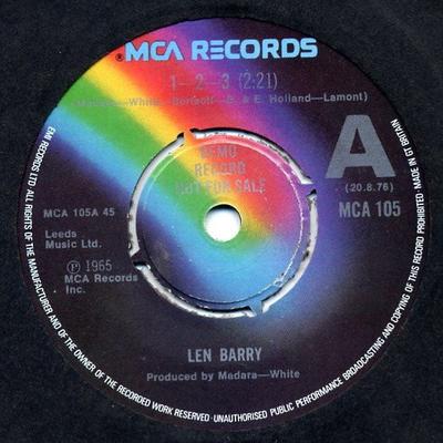 7inch Record LEN BARRY - 1-2-3 / Bullseye MCA105PROMO MCA Records 1976 UK Rock Used
