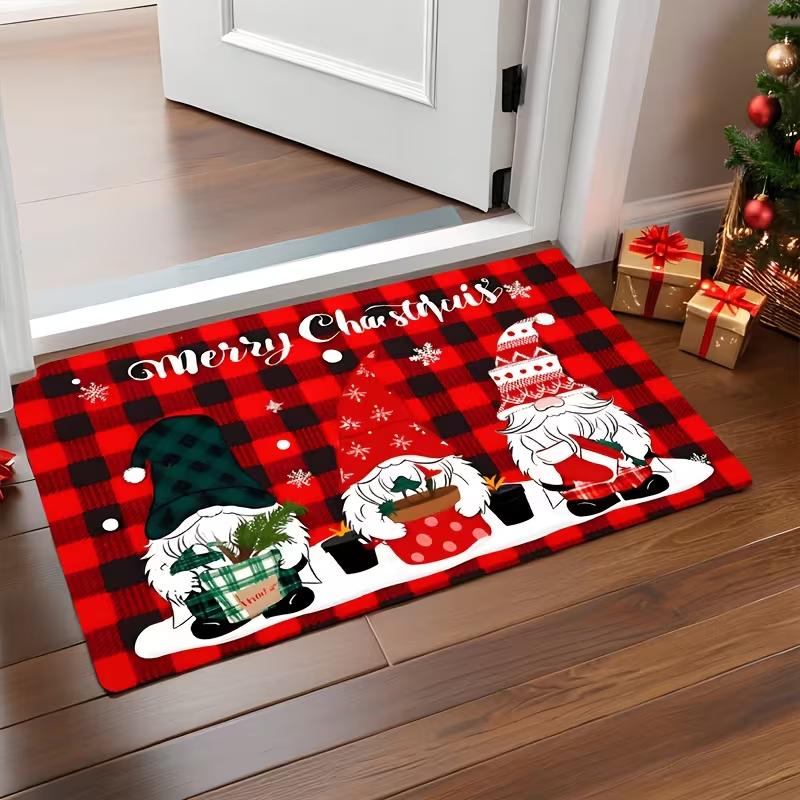 Red Black Buffalo Plaid Christmas Gnome Doormat Merry Christmas Snowflake Print Soft Entrance Rug Indoor Outdoor Decor Carpet